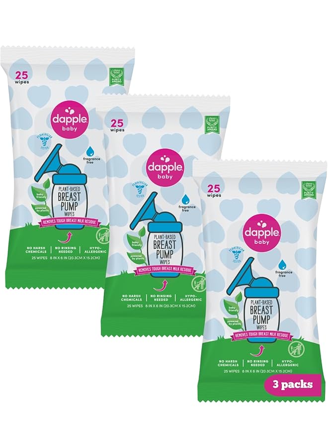 dapple Breast Pump Wipes Baby 25 Count (Pack Of 3) Fragrance Free Plant Based & Hypoallergenic Breast Pump Wipes Removes Milk Residue Leaves No Taste Convenient Wipes Pouch - Image 1