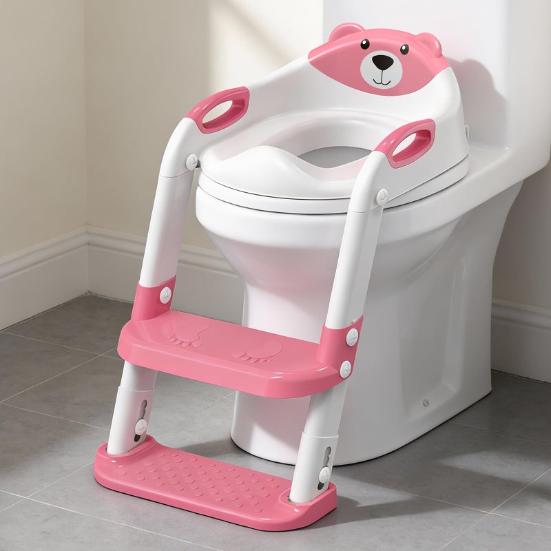 SKYROKU Potty Training Seat ï¼ŒSKYROKU Potty Training Toilet with Step Stool Ladder, for Kids Boys Girls Toddlers - Comfortable Safe Potty Seat with Anti-Slip Pads Ladder (8838+Pink) - Image 1