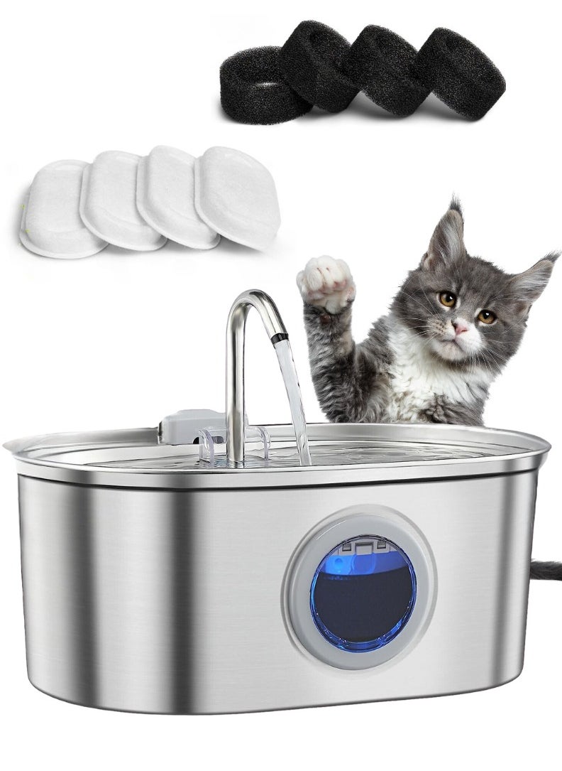 Horizon Stainless Steel Cat Water Fountain 3.2L, Quiet Pet Water Fountain for Cats with Water Gauge, Blue LED and 4 Replacement Cat Water Fountain Filter, Healthy Hydration Fresh Cat Fountain Water  - Image 1