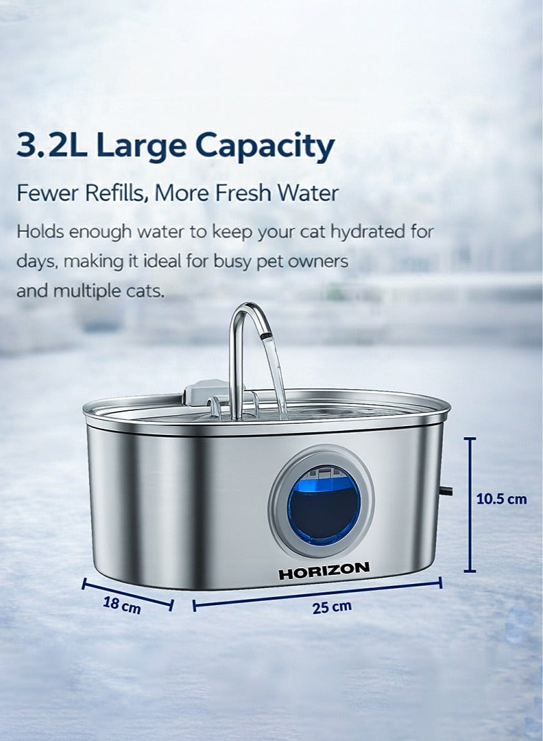Horizon Stainless Steel Cat Water Fountain 3.2L, Quiet Pet Water Fountain for Cats with Water Gauge, Blue LED and 4 Replacement Cat Water Fountain Filter, Healthy Hydration Fresh Cat Fountain Water - Image 4