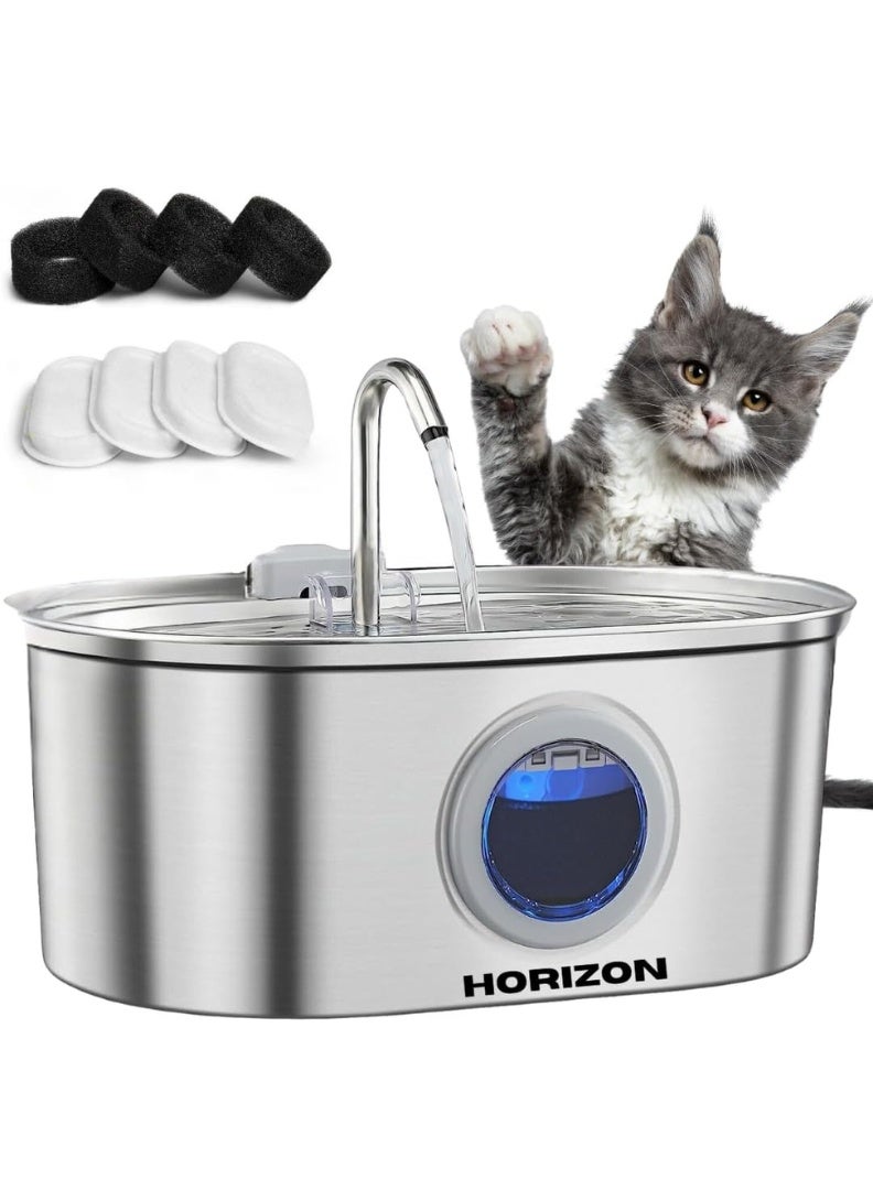 Stainless Steel Cat Water Fountain 3.2L, Quiet Pet Water Fountain for Cats with Water Gauge, Blue LED and 4 Replacement Cat Water Fountain Filter, Healthy Hydration Fresh Cat Fountain Water