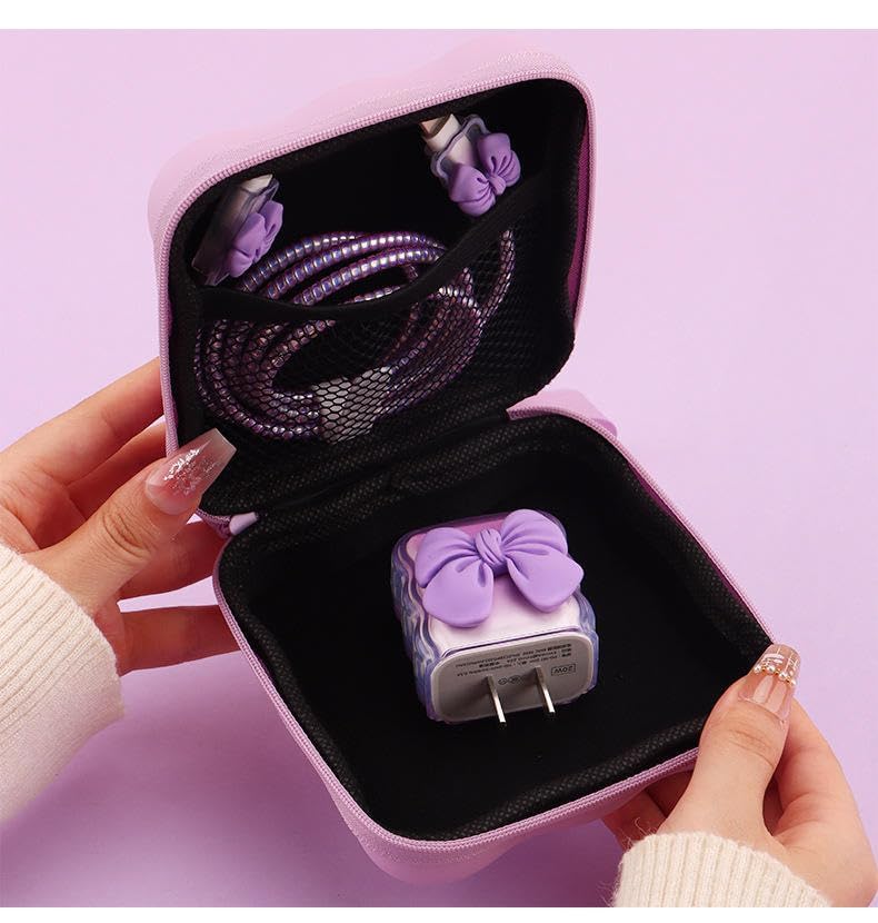 CERLINK Portable Mobile Phone Data Cable Storage Bag Multi-Function Charger Earphone Cord USB Travel Storage Pouch Pack of-1 (Pink Heart) - Image 2
