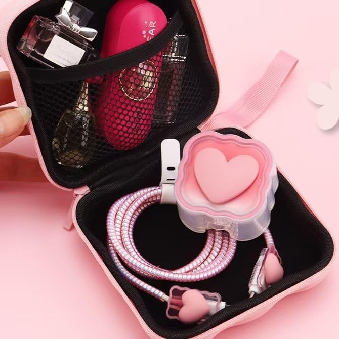 CERLINK Portable Mobile Phone Data Cable Storage Bag Multi-Function Charger Earphone Cord USB Travel Storage Pouch Pack of-1 (Pink Heart) - Image 5