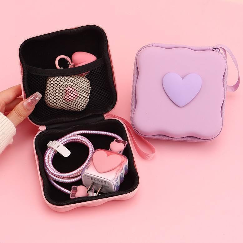 CERLINK Portable Mobile Phone Data Cable Storage Bag Multi-Function Charger Earphone Cord USB Travel Storage Pouch Pack of-1 (Pink Heart) - Image 4