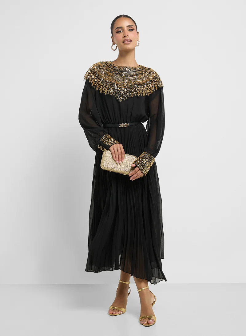 Khizana Pleated Dress With Embroidery