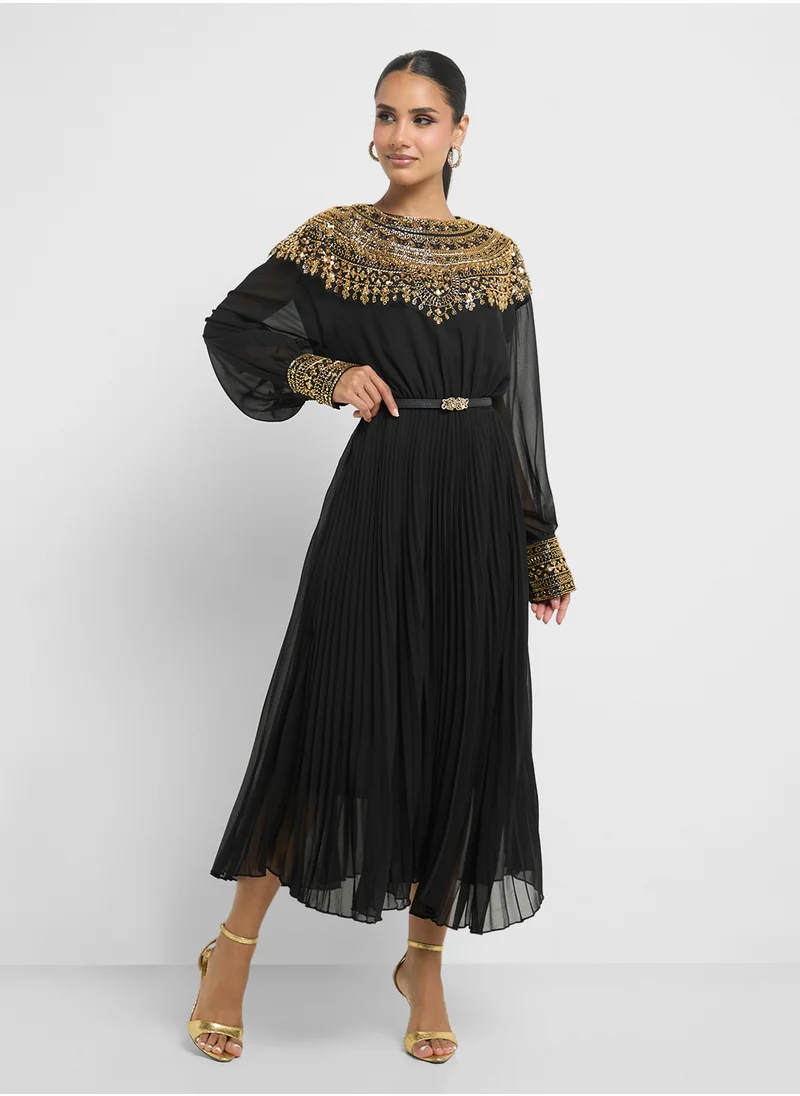 Khizana Pleated Dress With Embroidery