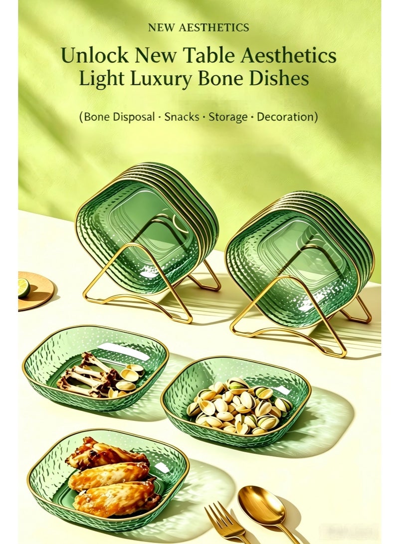 8 PCS Multipurpose Dishes Dessert Plates Luxury Green Food Plates with Gold Rack, Clear Plastic Bowls, Food-Grade Snack Bowls Reusable Plates, Multipurpose Tableware for Bone Disposal, Appetizers, Nuts, Fruits and Pits - Image 1
