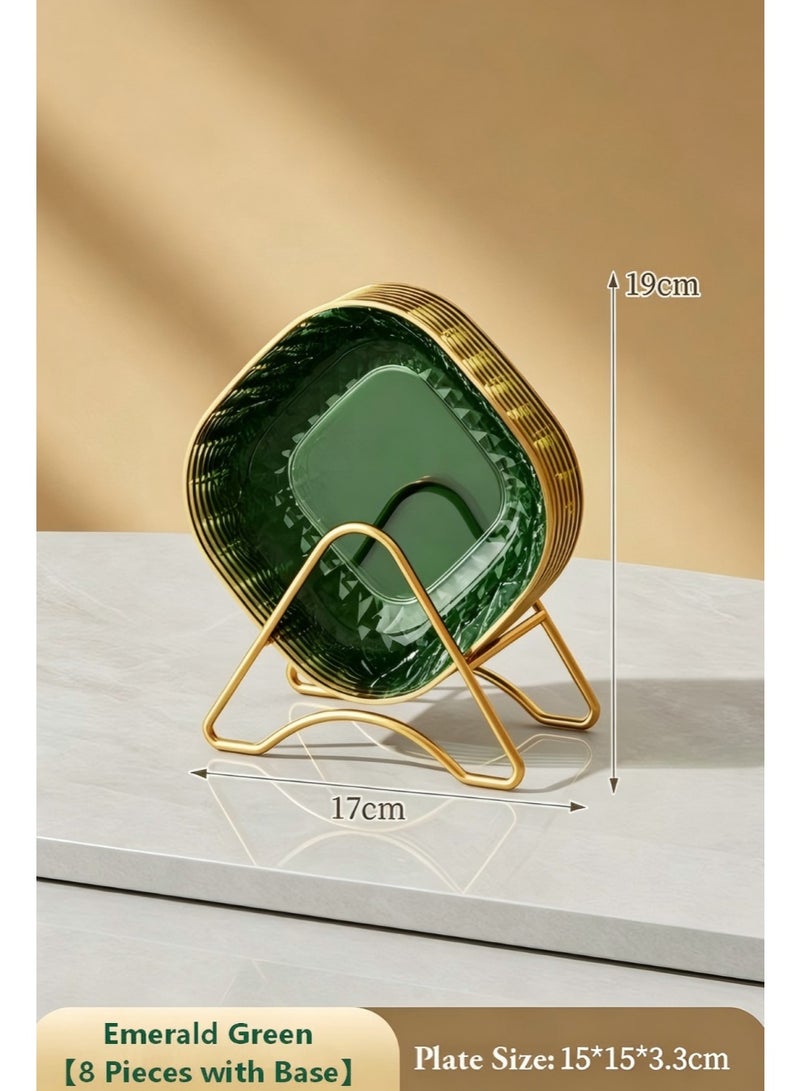 8 PCS Multipurpose Dishes Dessert Plates Luxury Green Food Plates with Gold Rack, Clear Plastic Bowls, Food-Grade Snack Bowls Reusable Plates, Multipurpose Tableware for Bone Disposal, Appetizers, Nuts, Fruits and Pits - Image 2