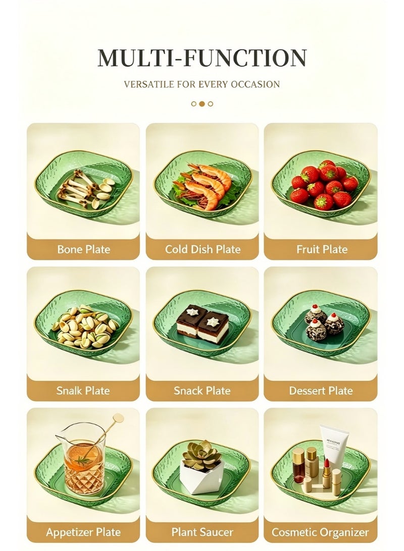 8 PCS Multipurpose Dishes Dessert Plates Luxury Green Food Plates with Gold Rack, Clear Plastic Bowls, Food-Grade Snack Bowls Reusable Plates, Multipurpose Tableware for Bone Disposal, Appetizers, Nuts, Fruits and Pits - Image 4