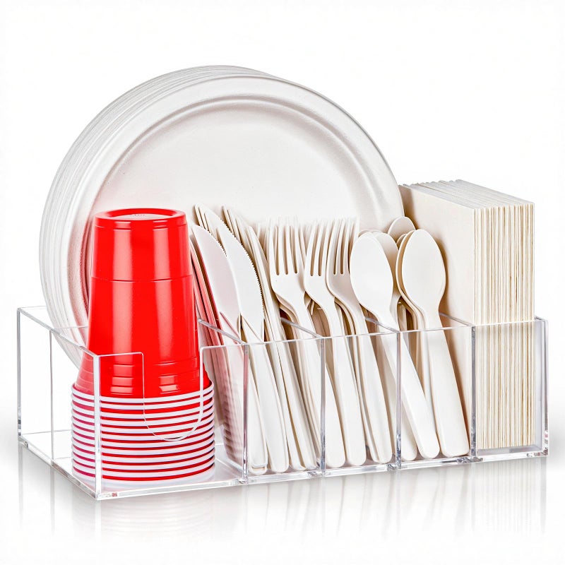 NACIMAX Acrylic Paper Plate Organizer for Countertop, Silverware Caddy for Cups, Napkins, Paper Plate and Utensil Holder, Cutlery Caddy for Party, Camping, Picnic - Image 1
