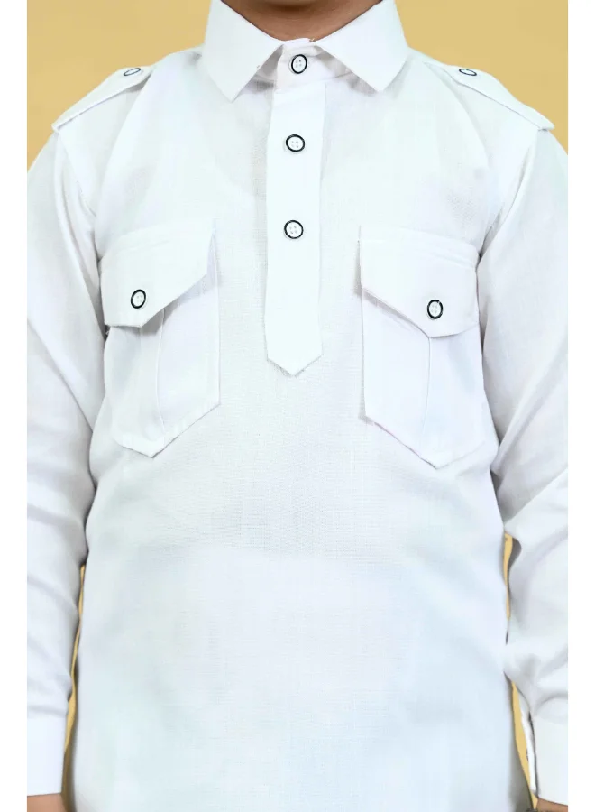 BT DEZINES Boys White Cotton Blend Pathani Kurta and Salwar Set