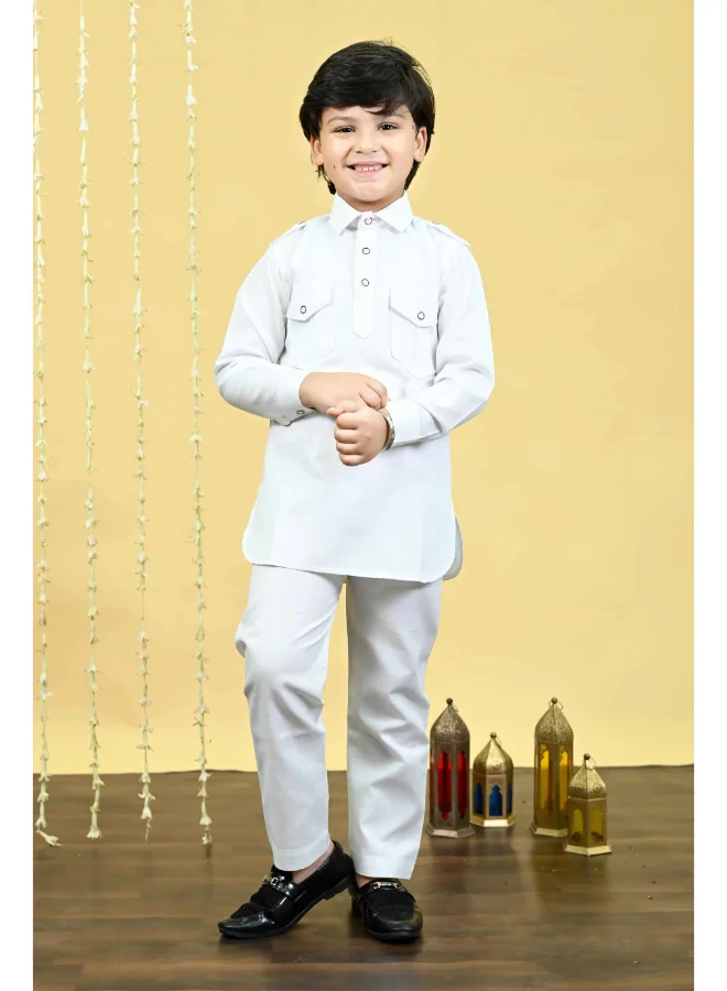 BT DEZINES Boys White Cotton Blend Pathani Kurta and Salwar Set