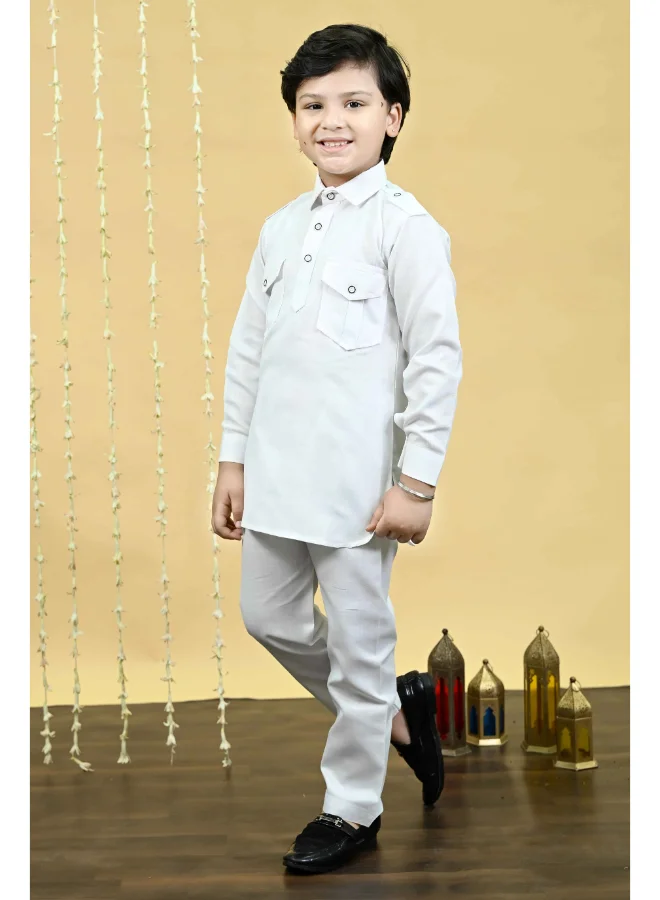 BT DEZINES Boys White Cotton Blend Pathani Kurta and Salwar Set