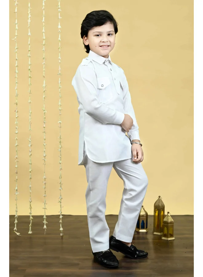BT DEZINES Boys White Cotton Blend Pathani Kurta and Salwar Set