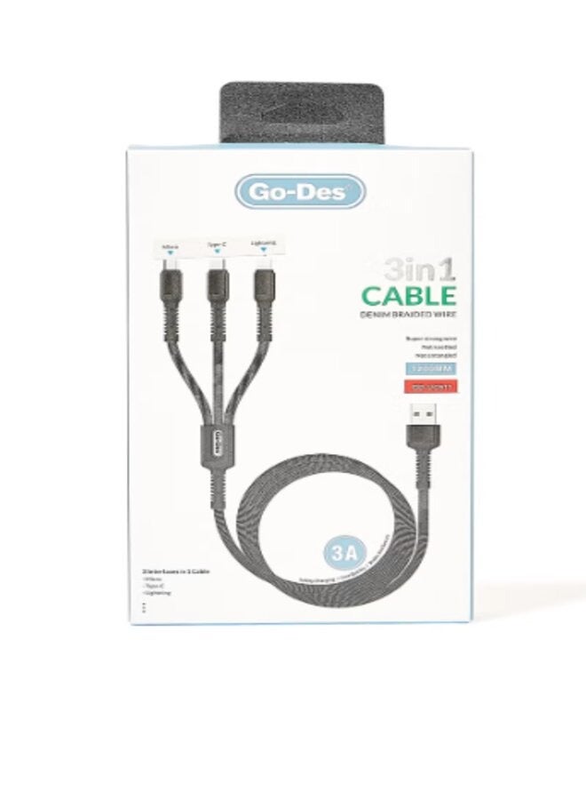 GO-DES 3-In-1 Data Sync Charging Cable Grey - Image 4