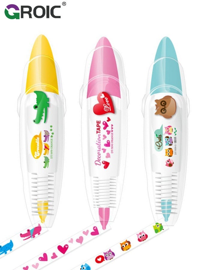 GROIC Scrapbook Double-Sided Tape Roller 3-Pack, Decorative Tape - Cute Crocodile, Red Heart & Owl Patterns, Removable Adhesive for DIY Craft Scrapbook - Image 1