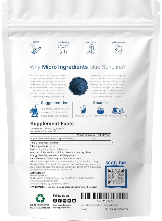 Micro Ingredients Organic Blue Spirulina Powder (Phycocyanin Extract), 50 Servings - No Fishy Smell, 100% Vegan Protein from Blue-Green Algae, Natural Luminous Food Coloring for Smoothies, Baking, Drinks & Cooking - Image 2