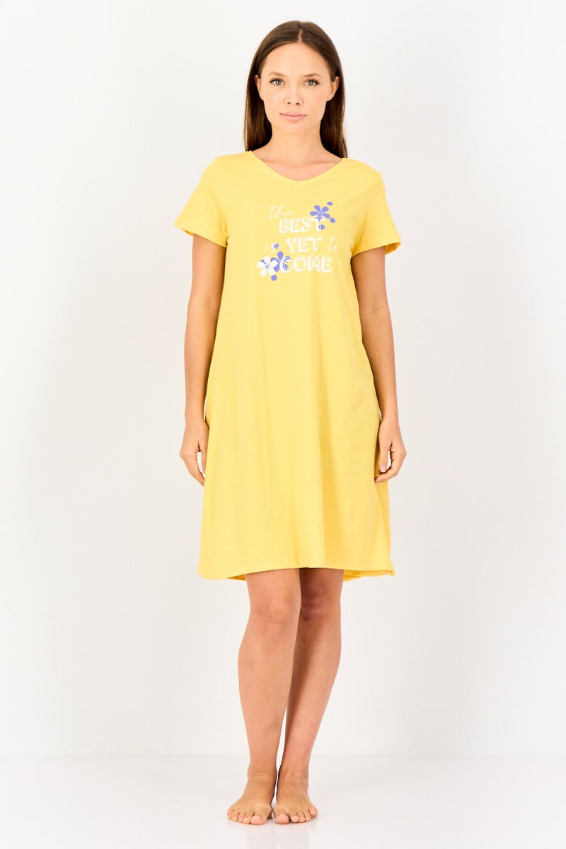 Zivame x Rosaline Women Graphic Print Short Sleeves Sleeping Dress, Yellow - Image 3