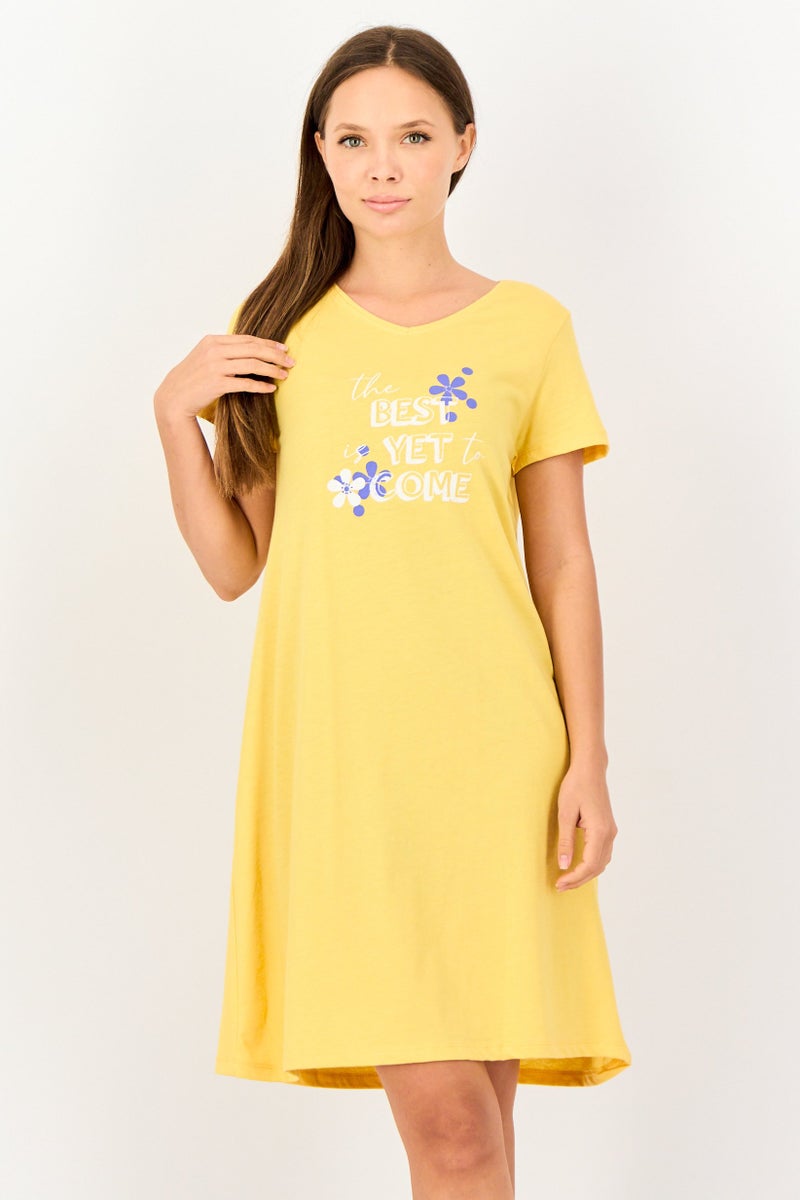 Zivame x Rosaline Women Graphic Print Short Sleeves Sleeping Dress, Yellow - Image 1