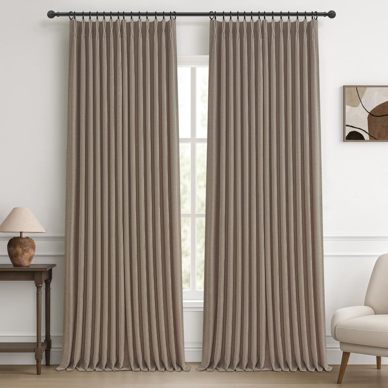 PleatedDrapes Dark Flax Heavy Burlap Room Darkening Curtains 96 Inches Long for Bedroom, Rustic Boho Pinch Pleated Blackout Linen Drapes 40x96 Inch Length 2 Panels Set Slide Door Curtain Decor with Adjustable Hooks - Image 1