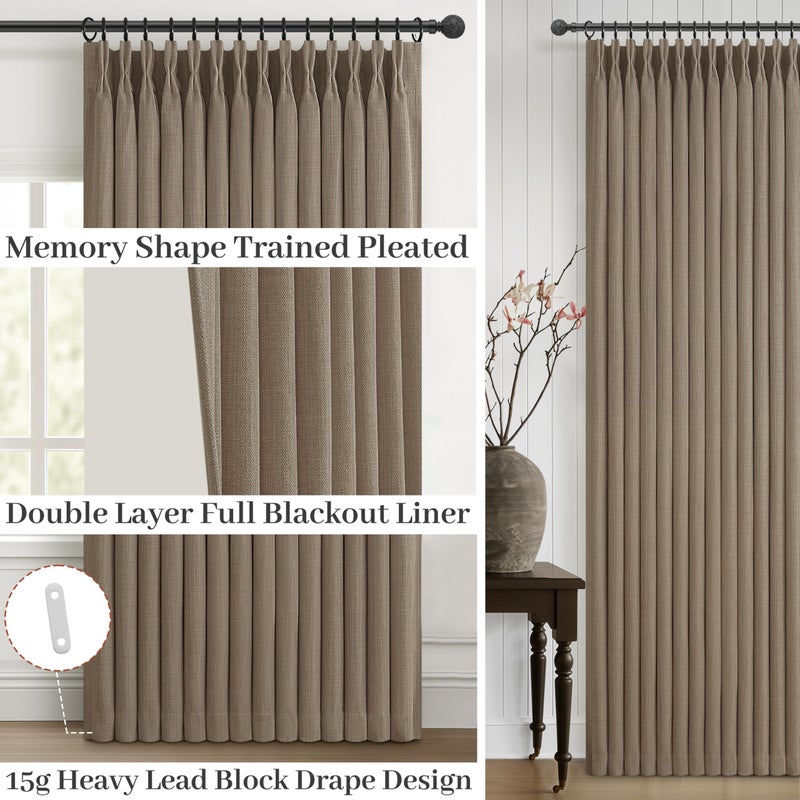 PleatedDrapes Dark Flax Heavy Burlap Room Darkening Curtains 96 Inches Long for Bedroom, Rustic Boho Pinch Pleated Blackout Linen Drapes 40x96 Inch Length 2 Panels Set Slide Door Curtain Decor with Adjustable Hooks - Image 4
