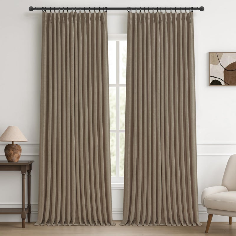PleatedDrapes Dark Flax Heavy Burlap Room Darkening Curtains 96 Inches Long for Bedroom, Rustic Boho Pinch Pleated Blackout Linen Drapes 40x96 Inch Length 2 Panels Set Slide Door Curtain Decor with Adjustable Hooks - Image 1