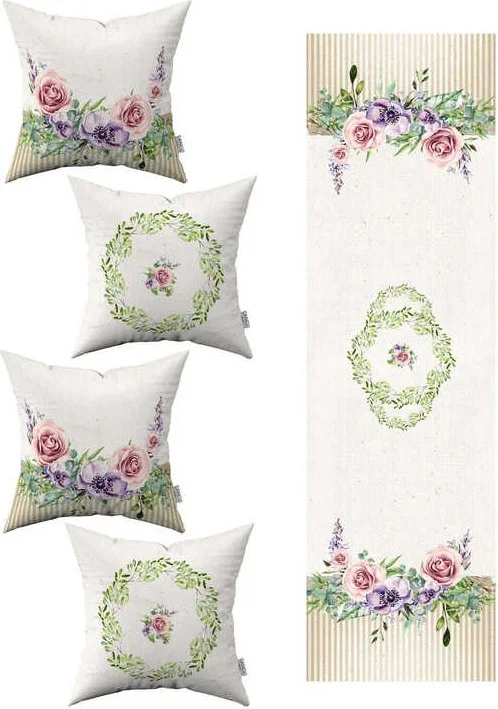 كانغو هوم Cream Pink Floral Patterned 4-Piece Throw Pillow Case 1 Runner Set 4KMBS257-RS