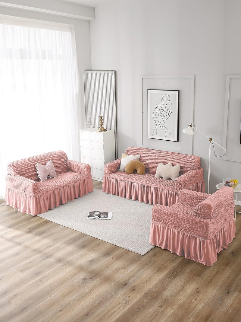 VORHANG Stretch Sofa Slipcover Easy Fitted Sofa Couch Cover with Skirt Pink 3 Seater Pack of 1 - Image 2