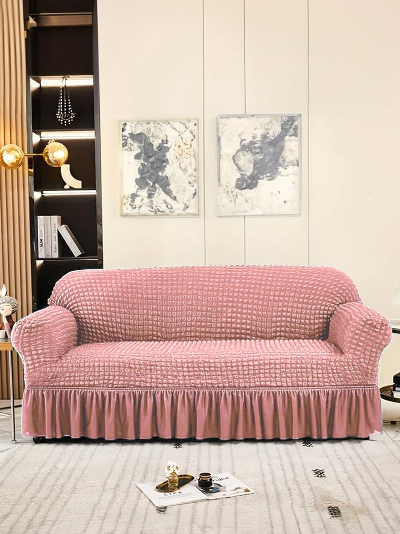 VORHANG Stretch Sofa Slipcover Easy Fitted Sofa Couch Cover with Skirt Pink 3 Seater Pack of 1 - Image 1