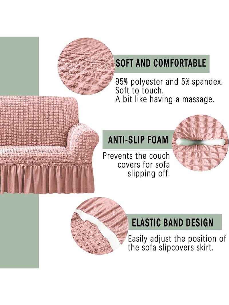 VORHANG Stretch Sofa Slipcover Easy Fitted Sofa Couch Cover with Skirt Pink 3 Seater Pack of 1 - Image 3