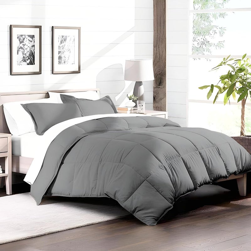 Bed Comforter with Lightweight & Soft Down Alternative | Reversible Cooling Comforter for bedding Duvet Inserts for All Seasons with Washable Microfiber Quilt (Grey, 240 x 260cm) - Image 1