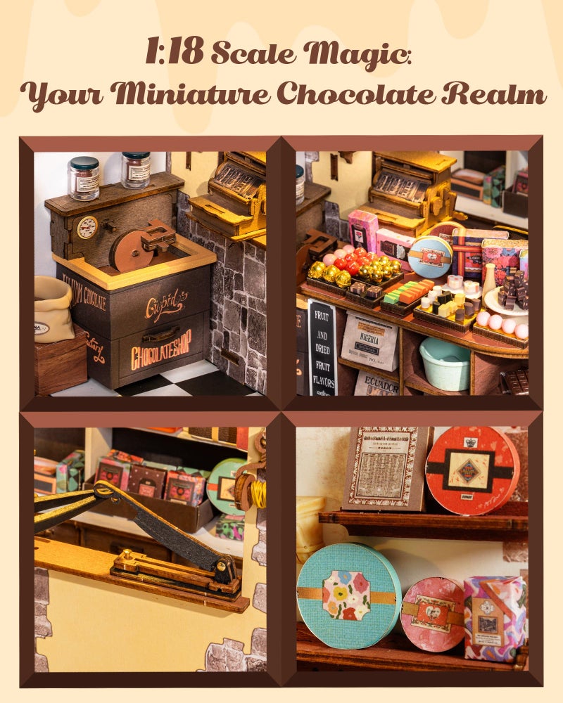 Rolife DIY Miniature House Kit Henry's Chocolate Shop 1:18 Scale Dollhouse Diorama, Tiny House Building Kit Crafts for Adults Home Decor Gift for Adults Him Her - Image 3