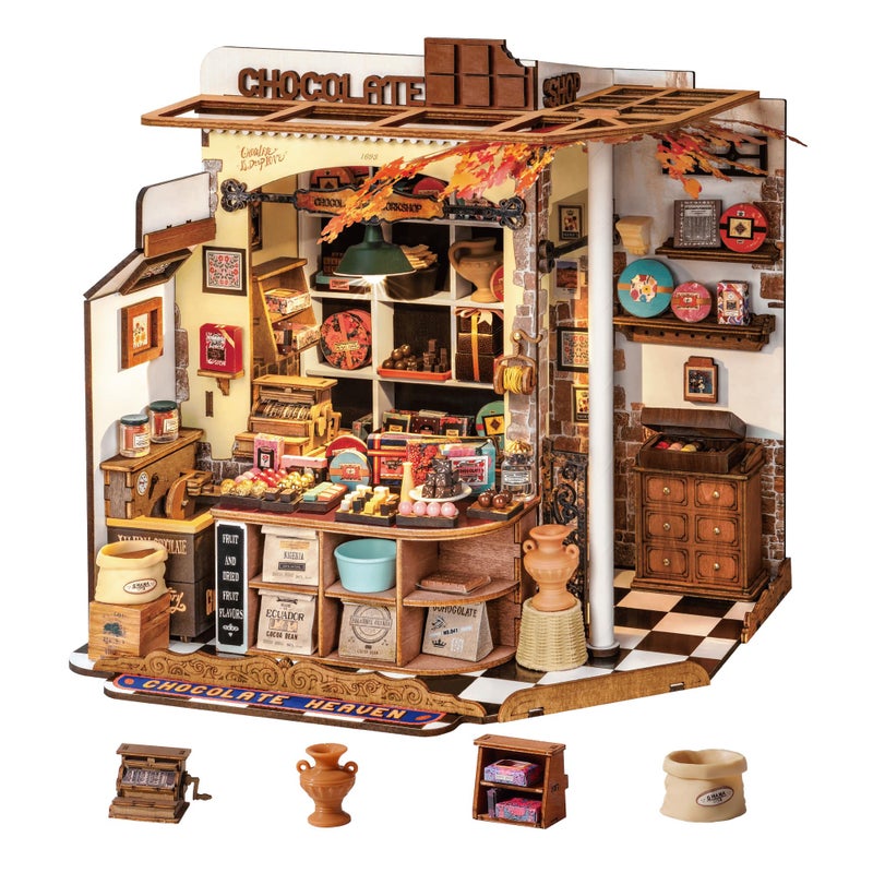 Rolife DIY Miniature House Kit Henry's Chocolate Shop 1:18 Scale Dollhouse Diorama, Tiny House Building Kit Crafts for Adults Home Decor Gift for Adults Him Her - Image 1