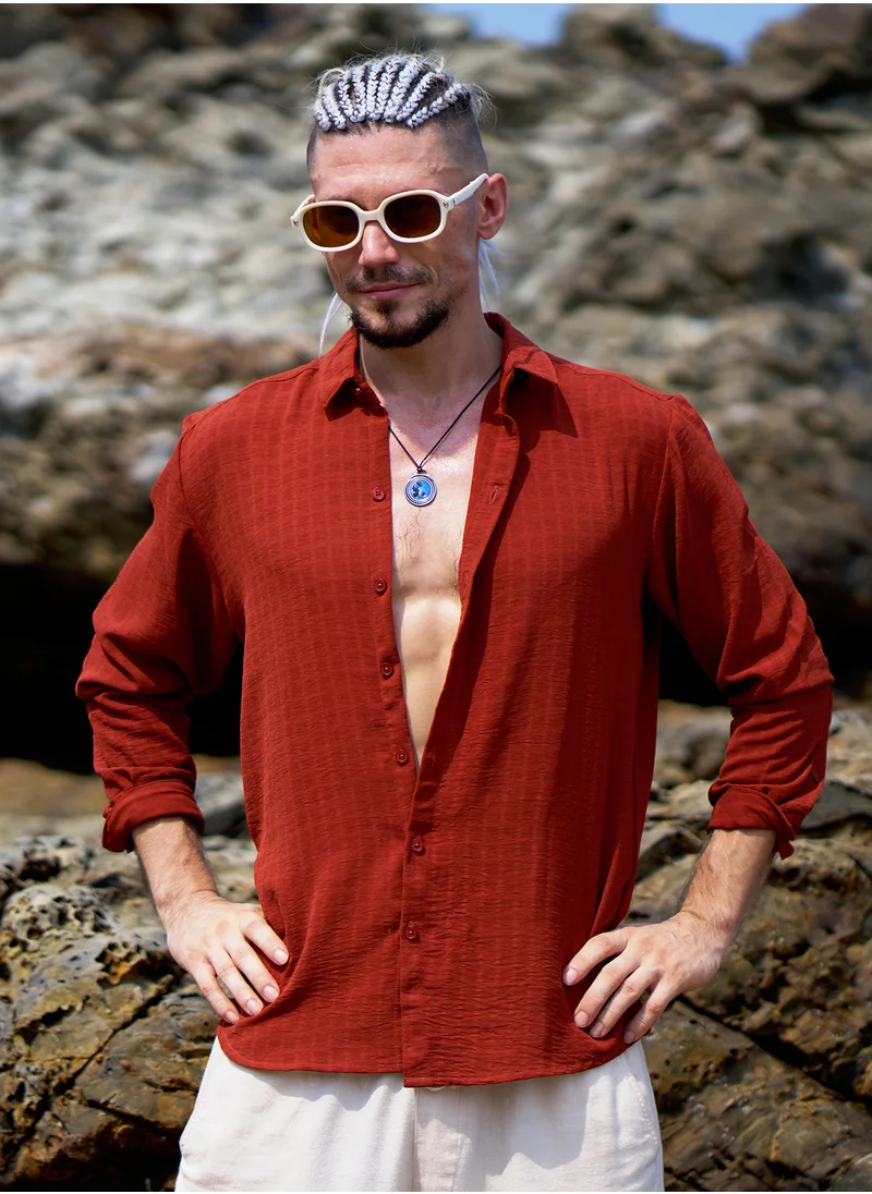 كامبوس سوترا Campus Sutra Men's Burnt Sienna Cubic-Woven Regular Shirt For Casual Wear | Spread Collar | Long Cuffed Sleeves | Button Closure | Shirt Crafted With Comfort Fit For Everyday Wear