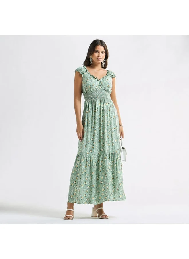 FAV All-Over Print V-neck Tiered Dress with Cap Sleeves