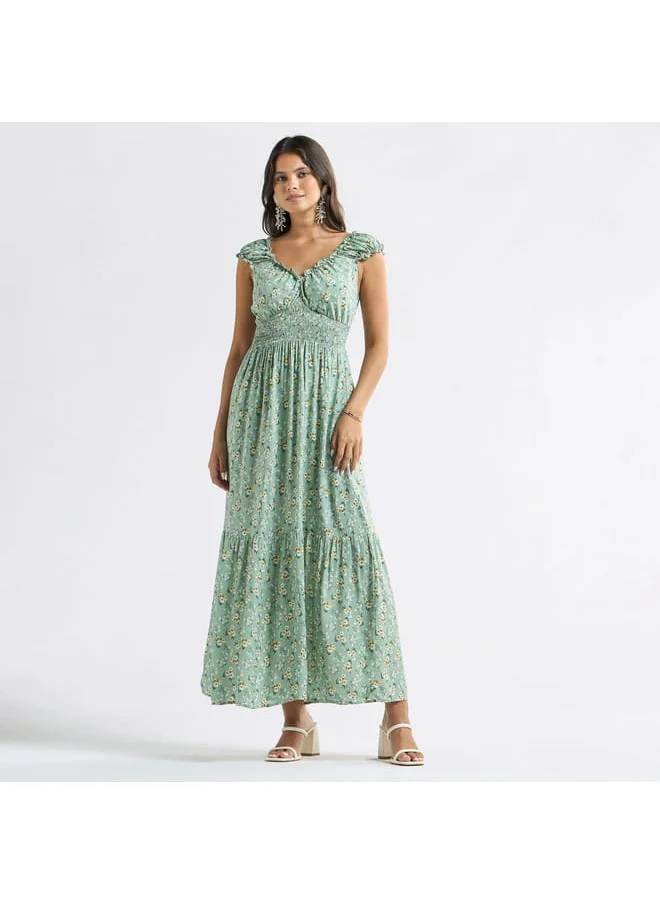 FAV All-Over Print V-neck Tiered Dress with Cap Sleeves