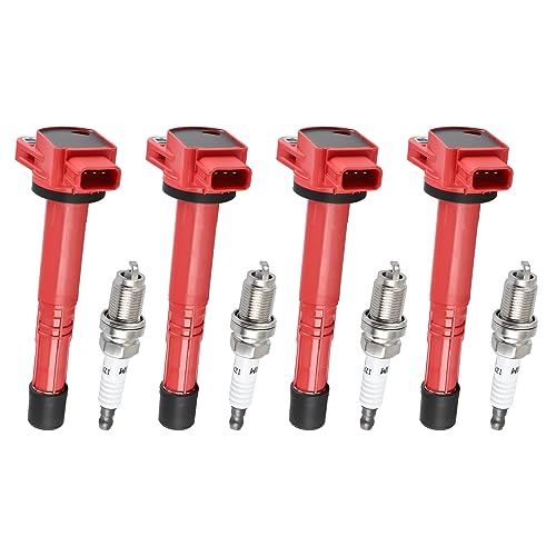 Pindex 4 Pack Ignition Coils and Iridium Spark Plugs,UF311 92213 Coil Pack Kits Compatible with 2002-2011 Acura Honda RSX Civic CRV Element 2.0L 2.4L Replacement UF311 UF583 C1382 30520-RRA-007 - Image 1