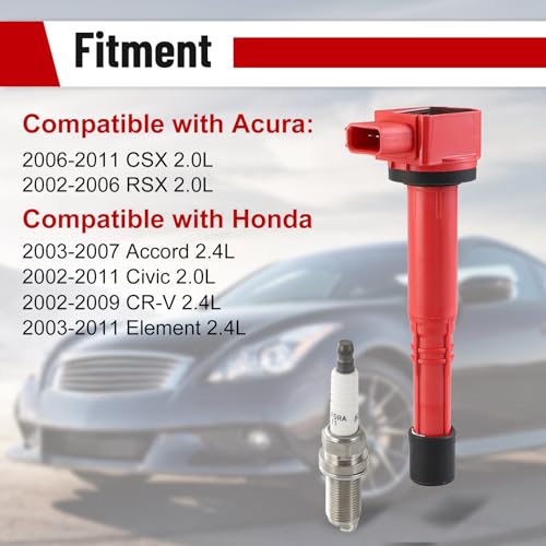 Pindex 4 Pack Ignition Coils and Iridium Spark Plugs,UF311 92213 Coil Pack Kits Compatible with 2002-2011 Acura Honda RSX Civic CRV Element 2.0L 2.4L Replacement UF311 UF583 C1382 30520-RRA-007 - Image 2