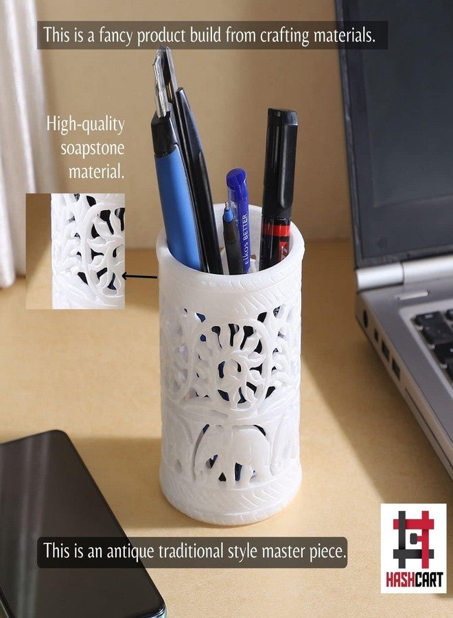 Hashcart Pen Holder for Desk White Pencil Holder Pencil Cup - Stone Pen Holder - Stand for Makeup, Toothbrush Organizer - Floral Design Hand-Carved Round Shape - Image 5