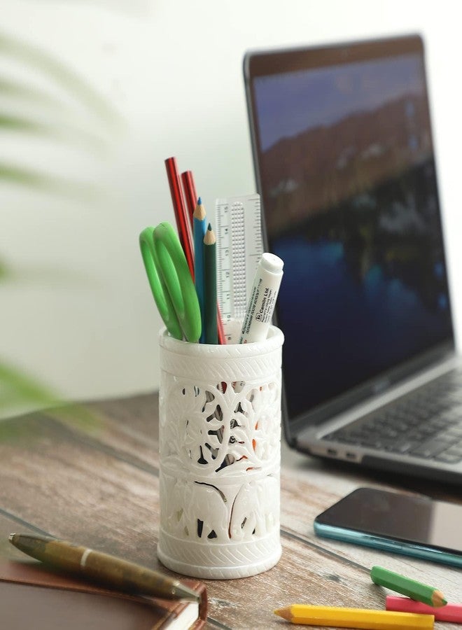 Hashcart Pen Holder for Desk White Pencil Holder Pencil Cup - Stone Pen Holder - Stand for Makeup, Toothbrush Organizer - Floral Design Hand-Carved Round Shape - Image 1