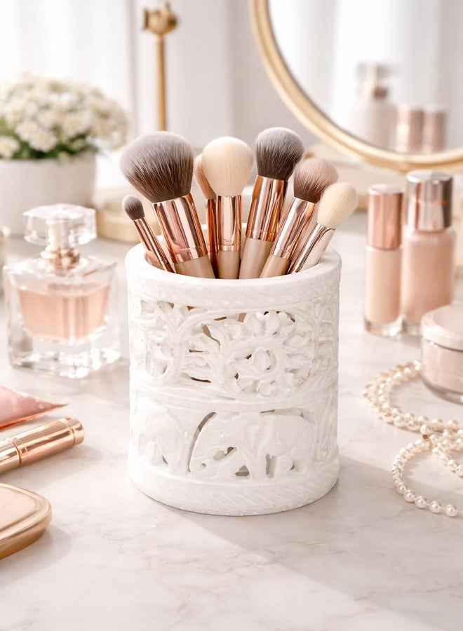 Hashcart Pen Holder for Desk White Pencil Holder Pencil Cup - Stone Pen Holder - Stand for Makeup, Toothbrush Organizer - Floral Design Hand-Carved Round Shape - Image 2