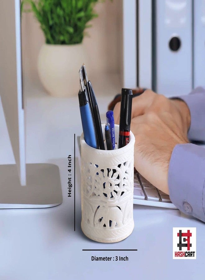 Hashcart Pen Holder for Desk White Pencil Holder Pencil Cup - Stone Pen Holder - Stand for Makeup, Toothbrush Organizer - Floral Design Hand-Carved Round Shape - Image 4