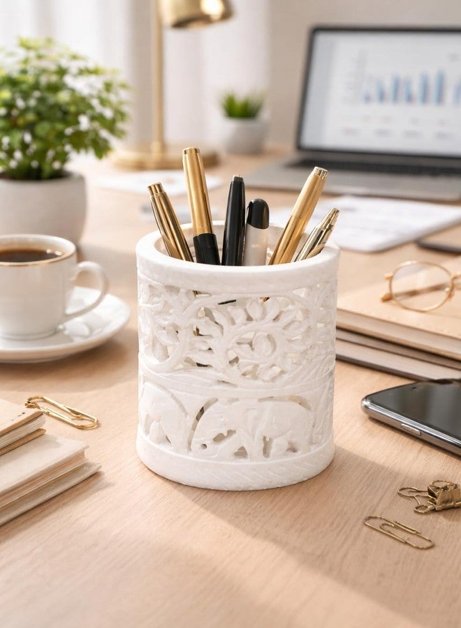 Hashcart Pen Holder for Desk White Pencil Holder Pencil Cup - Stone Pen Holder - Stand for Makeup, Toothbrush Organizer - Floral Design Hand-Carved Round Shape - Image 3