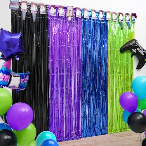 WENSEO Video Game Party Decorations 2 Pack Nite Gamers Party Foil Fringe Curtains Black Purple Blue Green Metallic Tinsel Foil Fringe Curtains Photo Streamers for Video Game Party Photo Booth Props - Image 1