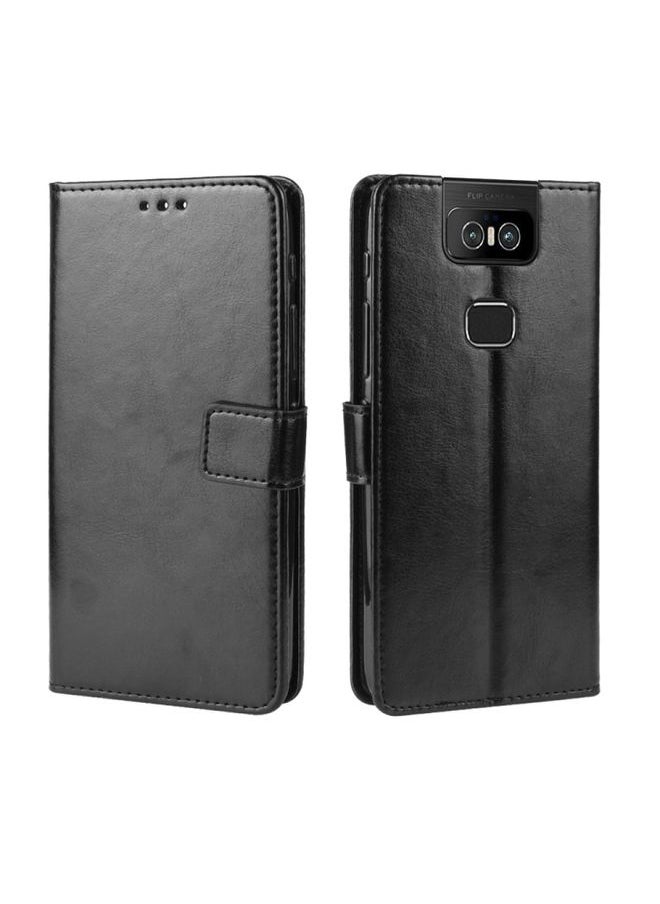 HuHa Case Cover Retro Crazy Horse Texture Horizontal Flip Leather Case for Asus Zenfone 6 ZS630KL, with Holder & Card Slots & Photo Frame Black 