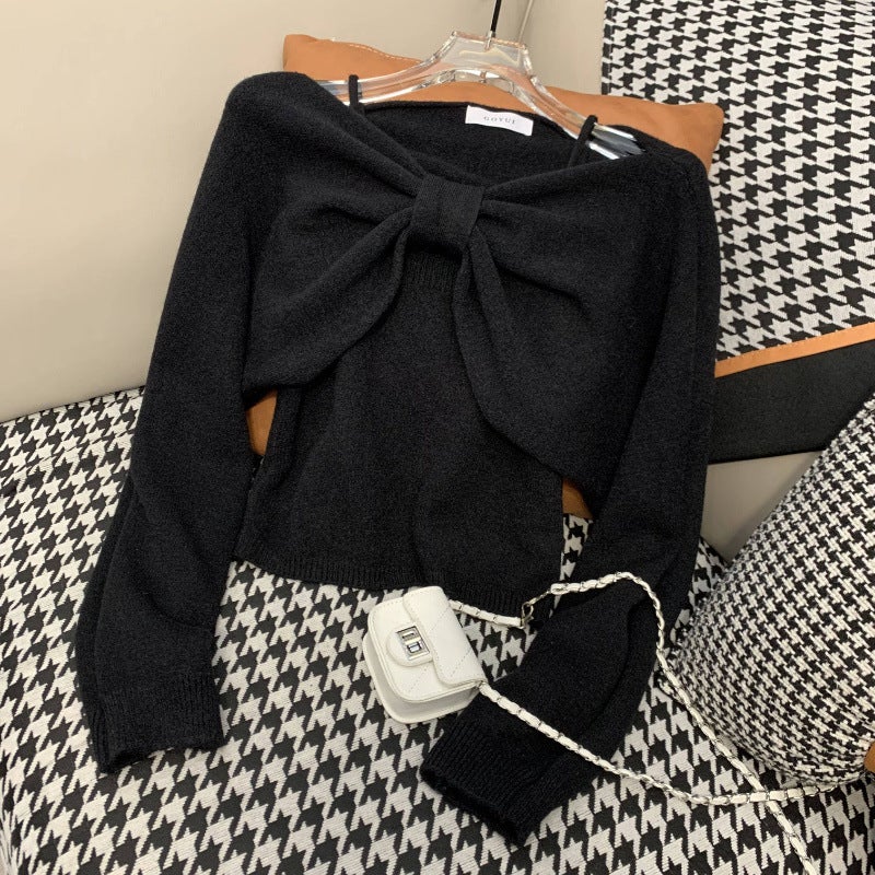 Sweater suit Womens Two-Piece Set 2024 Spring New Camisole Bow Long Sleeve Knitted Shirt Short Top Black two-piece