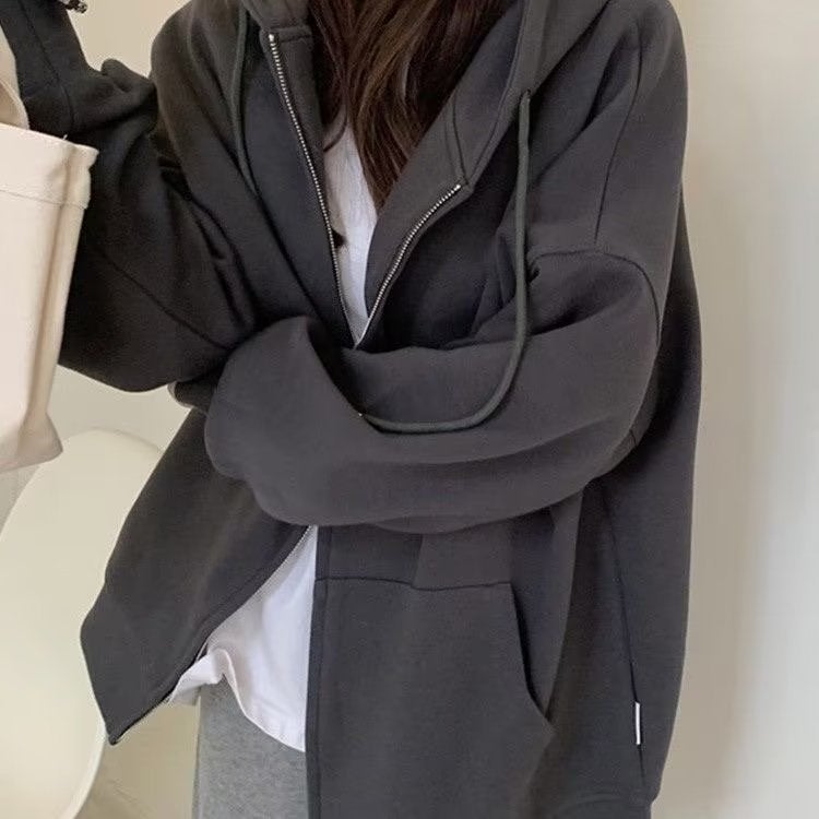 2023 cotton-containing lazy style top Japanese zipper hoodie sweater couple loose solid color coat one-piece delivery Light gray - Image 3
