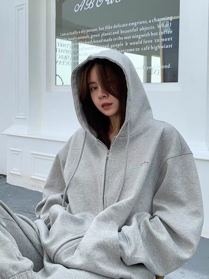 2023 cotton-containing lazy style top Japanese zipper hoodie sweater couple loose solid color coat one-piece delivery Light gray - Image 1
