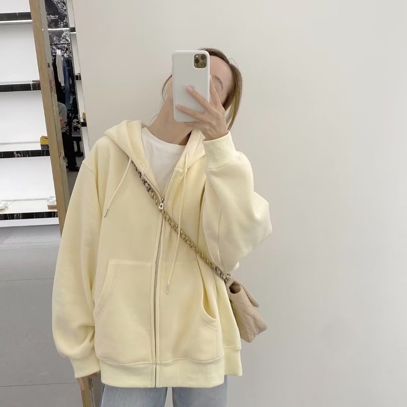 2023 cotton-containing lazy style top Japanese zipper hoodie sweater couple loose solid color coat one-piece delivery Light gray - Image 2