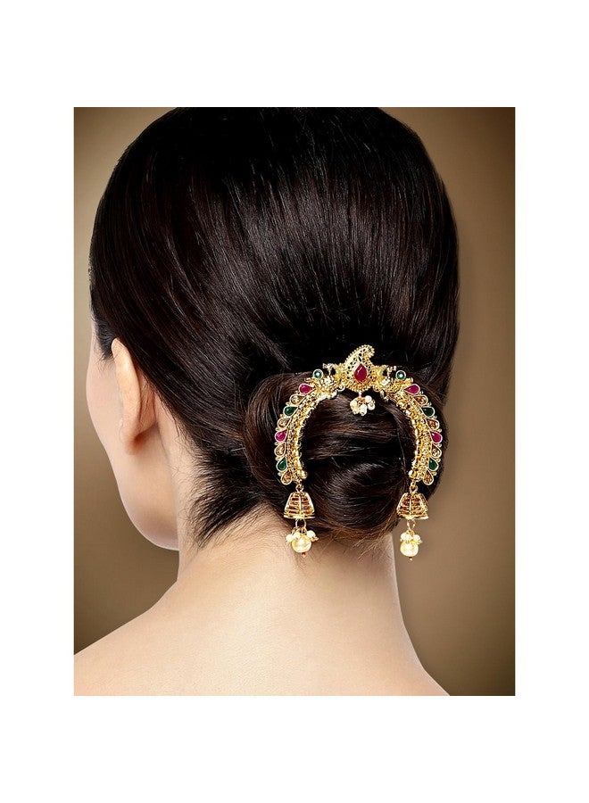 Peora Traditional Ethnic Gold Plated Juda Pins With Pearl Jhumki Drops Maharashtrian Wear Bridal Hair Accessories for Girls and Women, 1 Count - Image 2